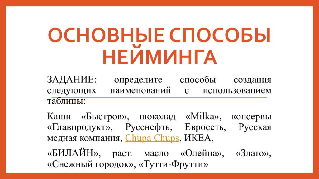 Следующее наименование. Способы нейминга. Способы создания нейминга. Метод нейминга. Презентация нейминга.