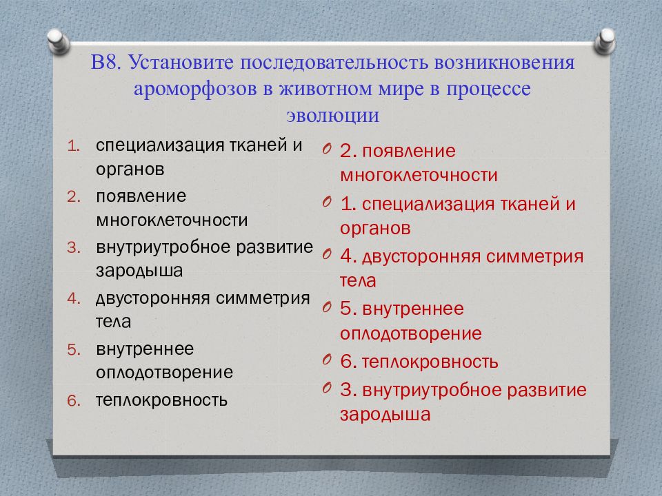 Установите последовательность появления ароморфозов животных