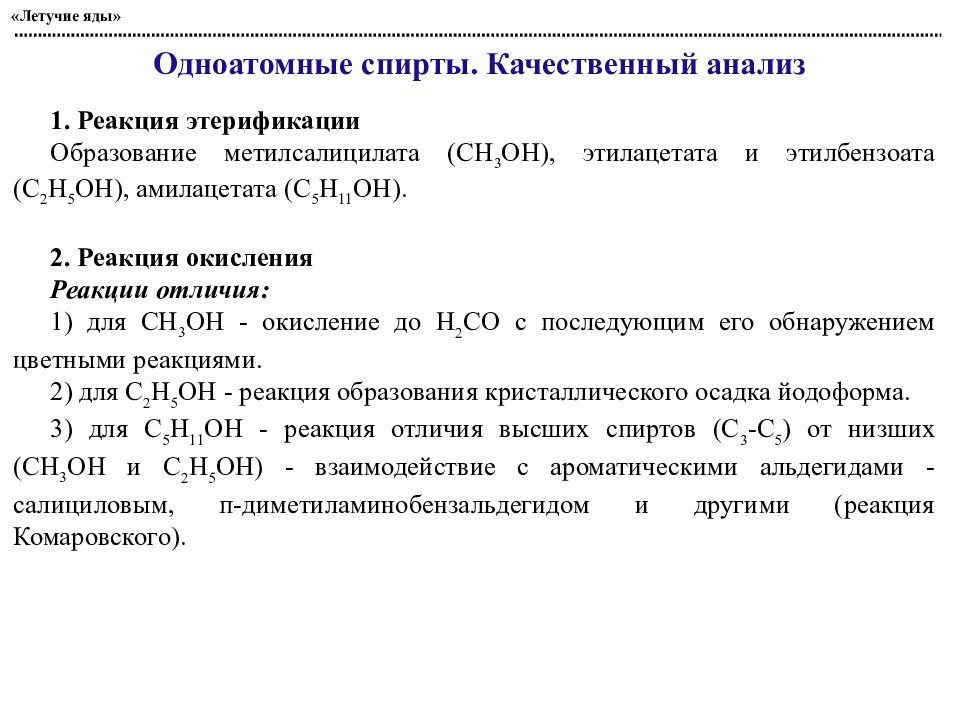 Аналитическая токсикология. Реакция Комаровского. Образование амилацетата реакция. Образование метилсалицилата.