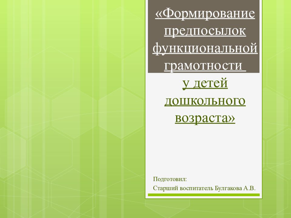 «Формирование предпосылок функциональной грамотности у детей дошкольного возраста»