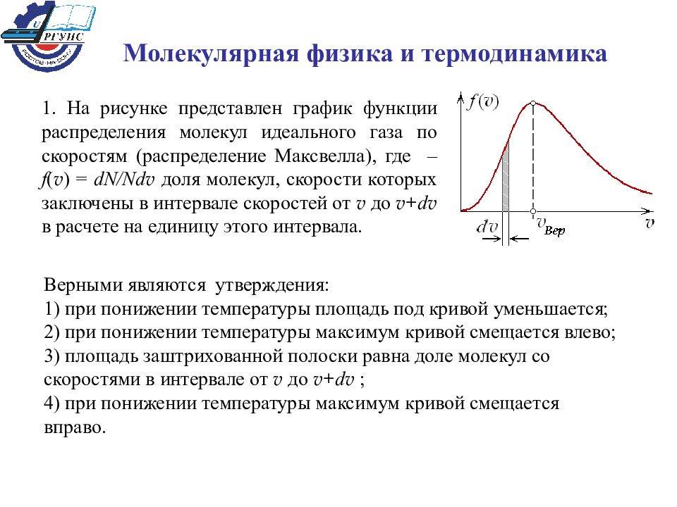 На рисунке представлен график функции распределения молекул идеального газа по скоростям где