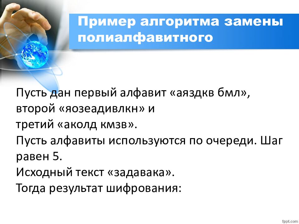Пример алгоритма замены полиалфавитного