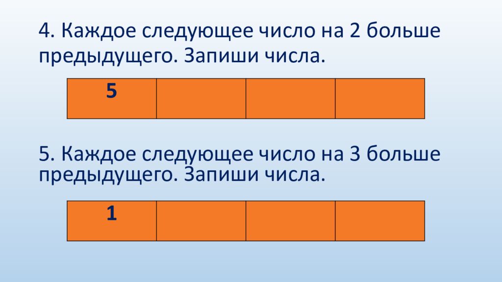 4. Каждое следующее число на 2 больше предыдущего. Запиши числа.