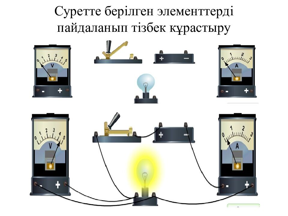 Суретте берілген элементтерді пайдаланып тізбек кұрастыру