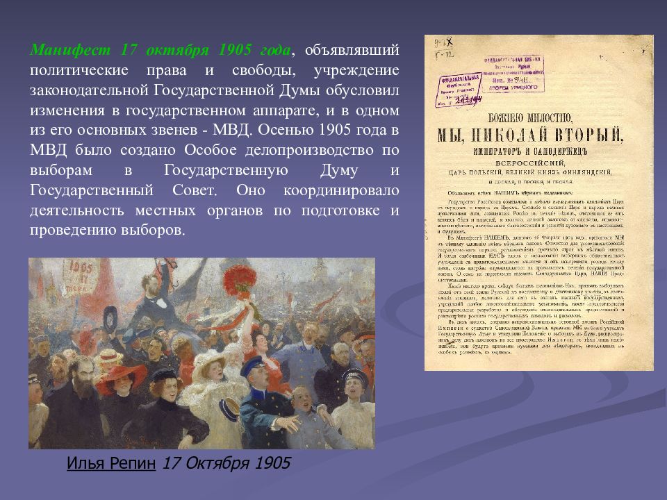 Октябрь 1905 года манифест. Илья Ефимович Репин «Манифест 17 октября 1905 года». 17 Октября 1905 года событие в России. Манифест 17 октября 1905 года объявлял..... Манифест 17 октября 1905 года Витте.