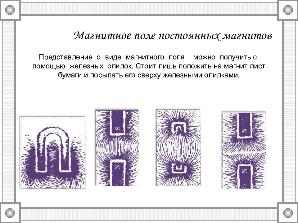 По картинке линий полученных с помощью железных опилок от двух полосовых магнитов