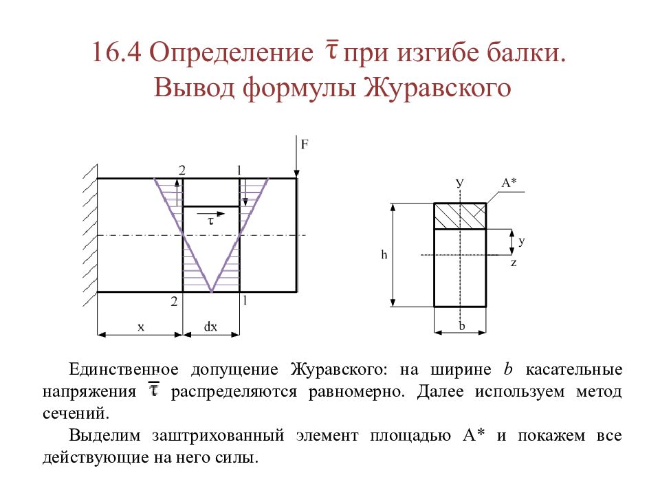 Формула журавского для касательных напряжений. Формула Журавского для балки прямоугольного сечения. Вывод формулы Журавского для касательных напряжений при изгибе. Формула Журавского при изгибе. Касательное напряжение при изгибе формула Журавского.