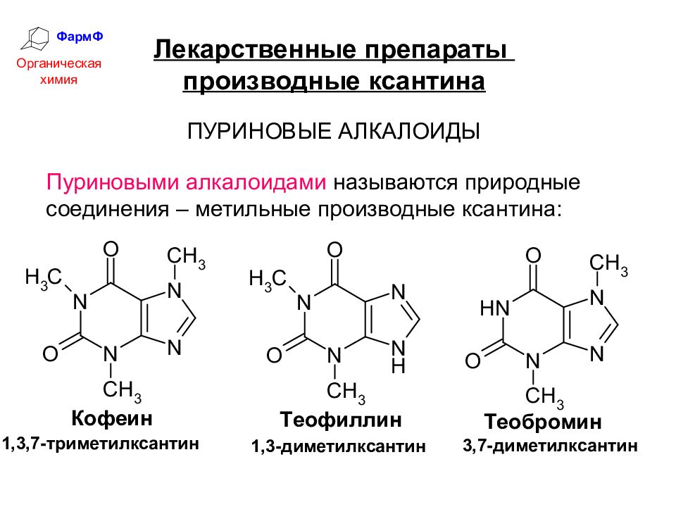 Химические свойства лекарственных средств. Пурин производные ксантин. Алкалоиды производные Пурина. Производные алкалоидов ксантина. Синтез пуринов ксантин.