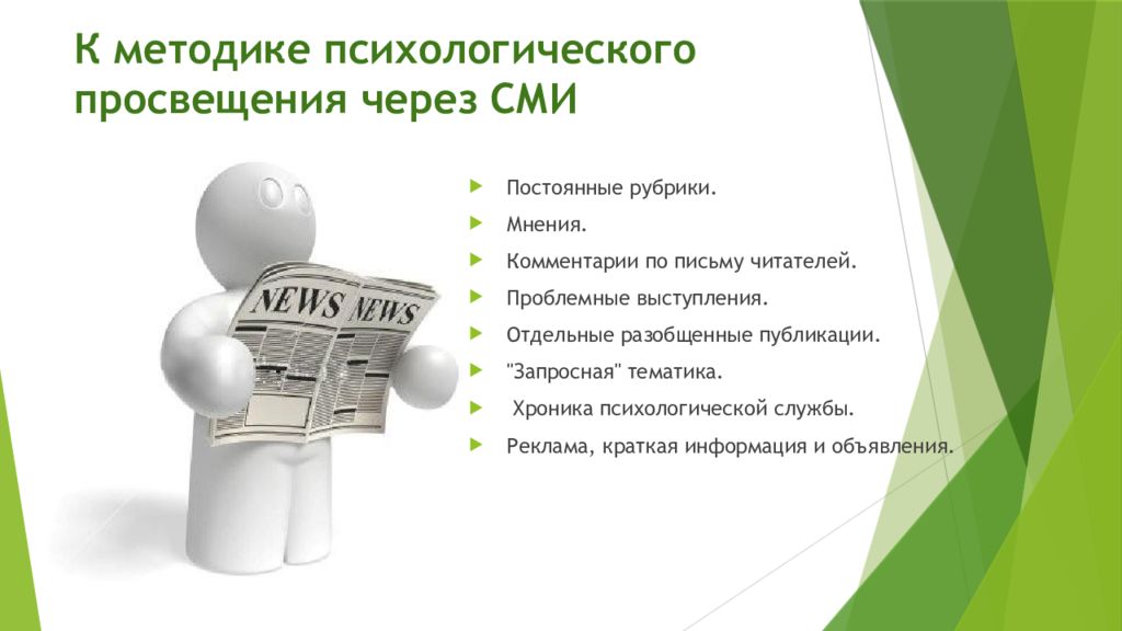 Через сми. Методы психологического Просвещения. Рубрики в СМИ. Постоянные рубрики. Психологическое Просвещение предполагает.