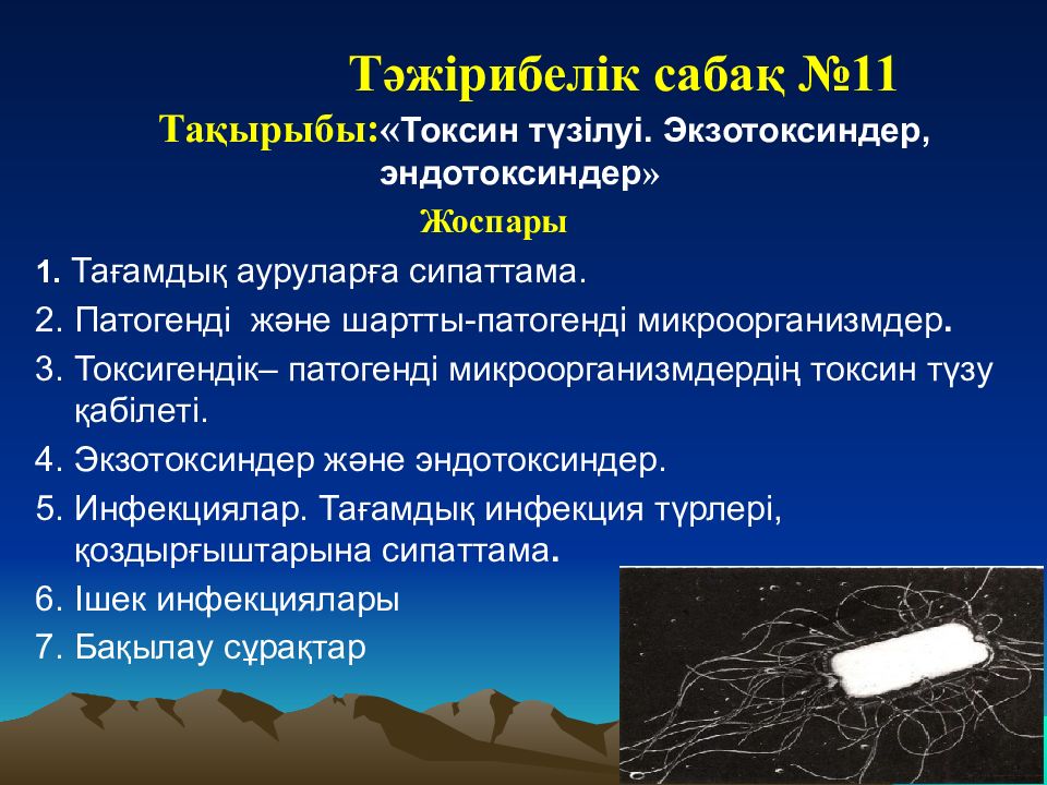 Тәжірибелік сабақ №11 Та қырыбы: « Токсин түзілуі. Экзотоксиндер, эндотоксиндер