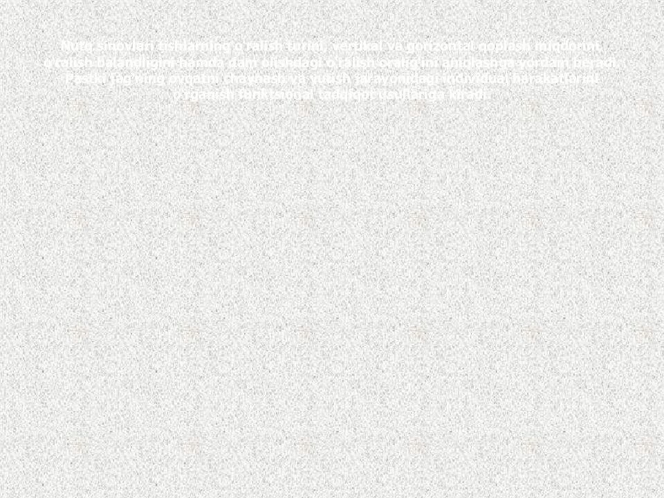 Nutq sinovlari tishlarning o‘ralish turini, vertikal va gorizontal qoplash miqdorini, o‘ralish balandligini hamda dam olishdagi o‘ralish oralig‘ini aniqlashga