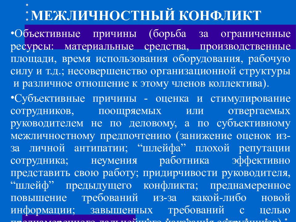 Объективный конфликт. Межличностный конфликт. Субъективные причины межличностных конфликтов. Объективные причины межличностных конфликтов. Динамика межличностного конфликта.