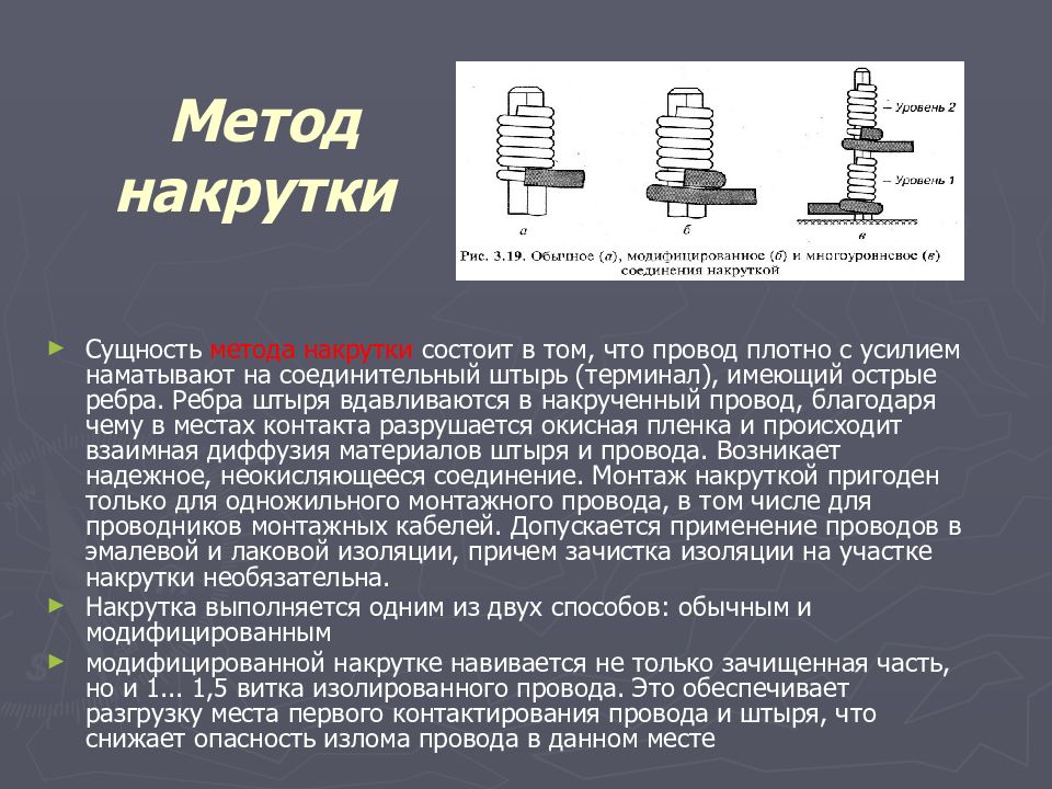 Методы накрутки. Монтаж проводов накруткой. Способ монтажа накруткой. Технология крепления проводов и выводов накруткой. Соединение накруткой.