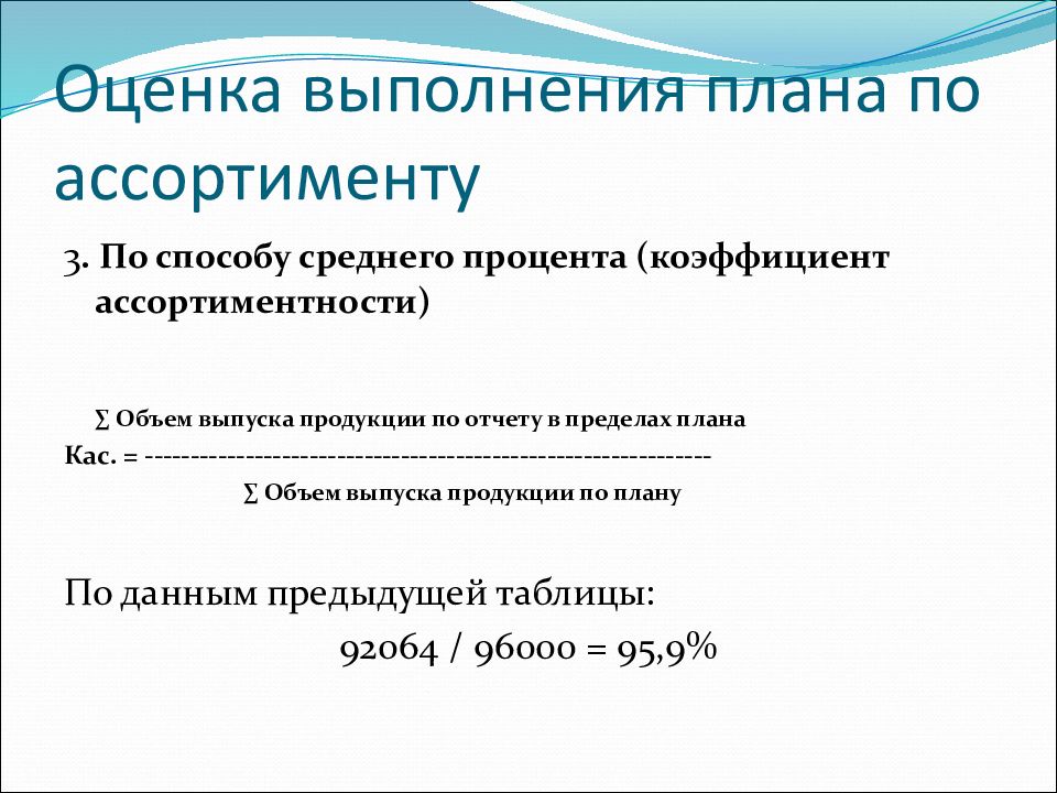 Оценка выполнения. Оценка выполнения плана. Коэффициент ассортиментности. Способы оценки выполнения плана по ассортименту. Рассчитать коэффициент ассортиментности формула.