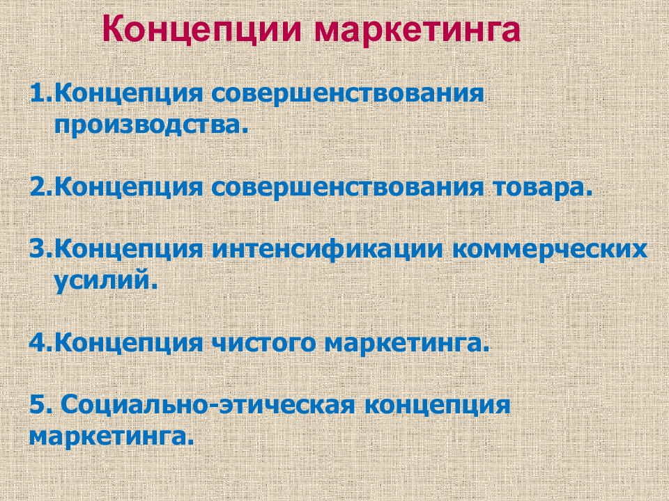 Маркетинг в производстве. Концепция совершенствования производства. Концепции маркетинга. Концепция социально-этического маркетинга. Концепция совершенствования производства в маркетинге.