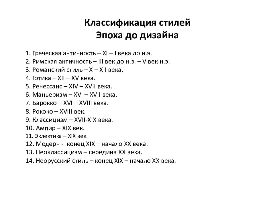 Классификация стилей Эпоха до дизайна