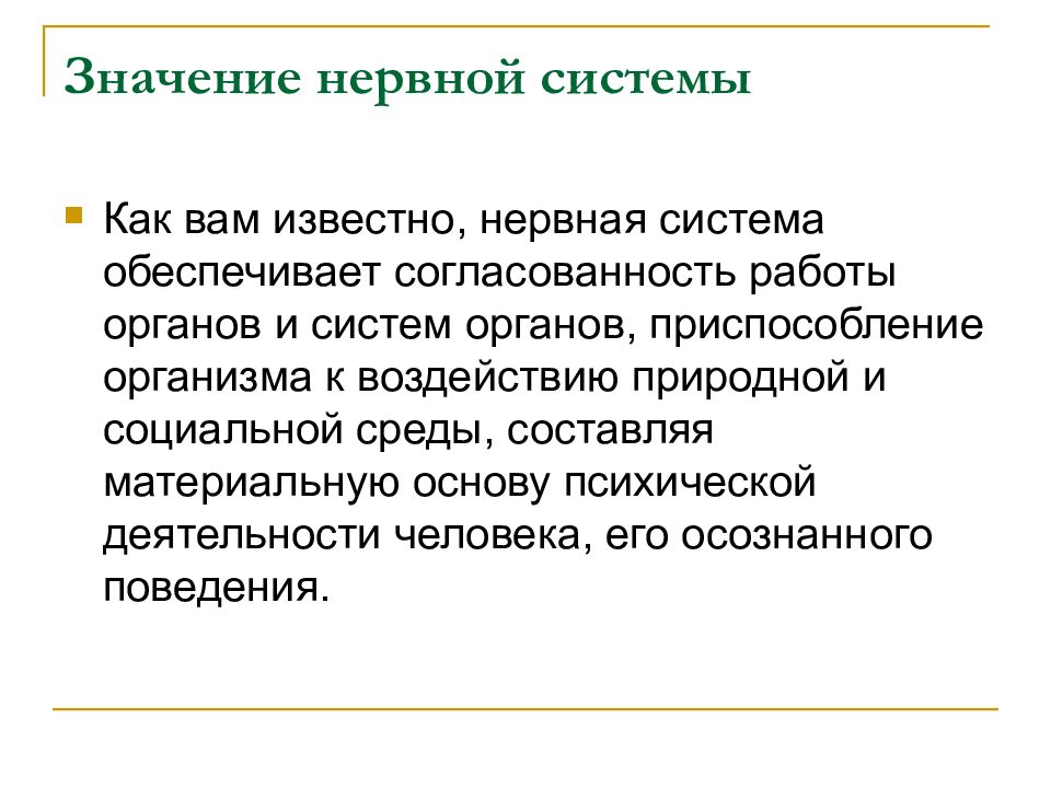 Значение нервной системы 8 класс конспект. Нервная система обеспечивает. Значение нервной системы. Значение нервной системы для организма. Нервная система и ее значение в организме.