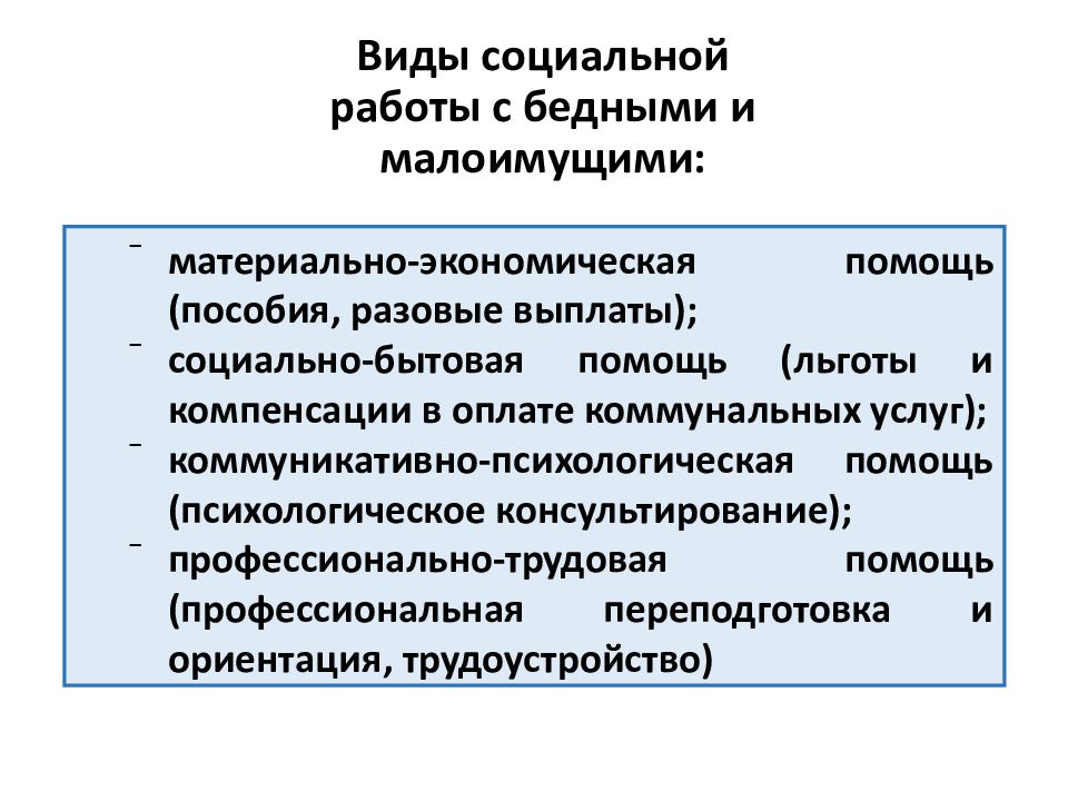 Технология социальной защиты населения. Виды социальной работы. Технологии социальной работы с малообеспеченными. Виды помощи в социальной работе. Основные формы социальной работы..