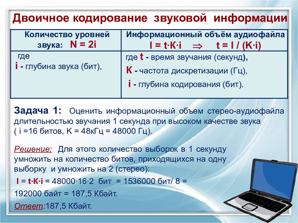 Рассчитайте сколько кбайт займет стереозапись для сопровождения презентации состоящей из 20 слайдов