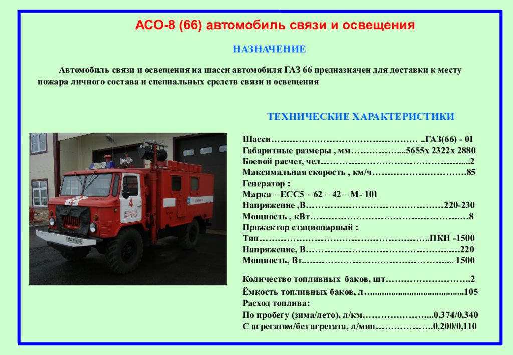 К специальным пожарным автомобилям относятся. ТТХ пожарных автомобилей ГАЗ. ТТХ АСО ГАЗ 66. ГАЗ 66 пожарная машина технические характеристики. АСО пожарный автомобиль ГАЗ 66.