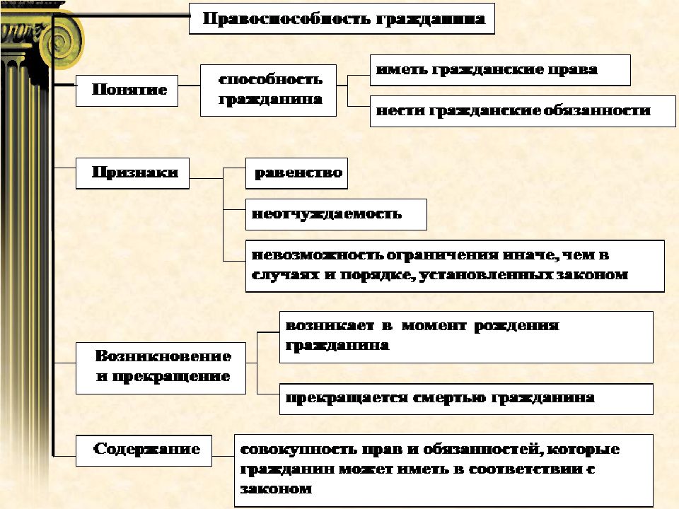 Схема правоспособность и дееспособность в различных отраслях права