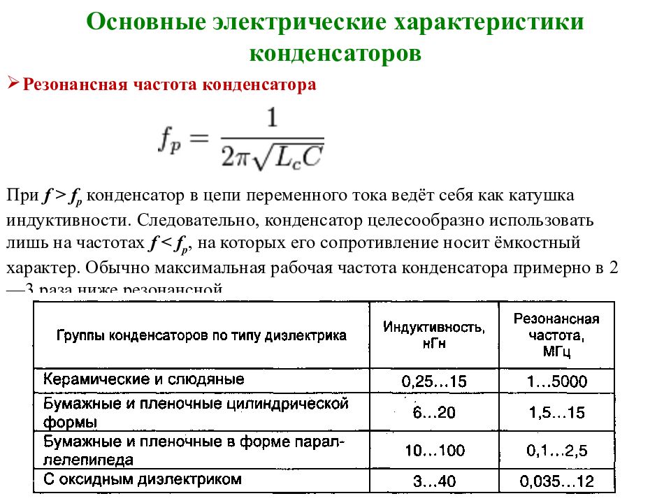 При частоте 0 конденсатор. Основные параметры конденсаторов. Параметры электрического конденсатора. Частотная характеристика конденсатора. Рабочие частоты конденсаторов.