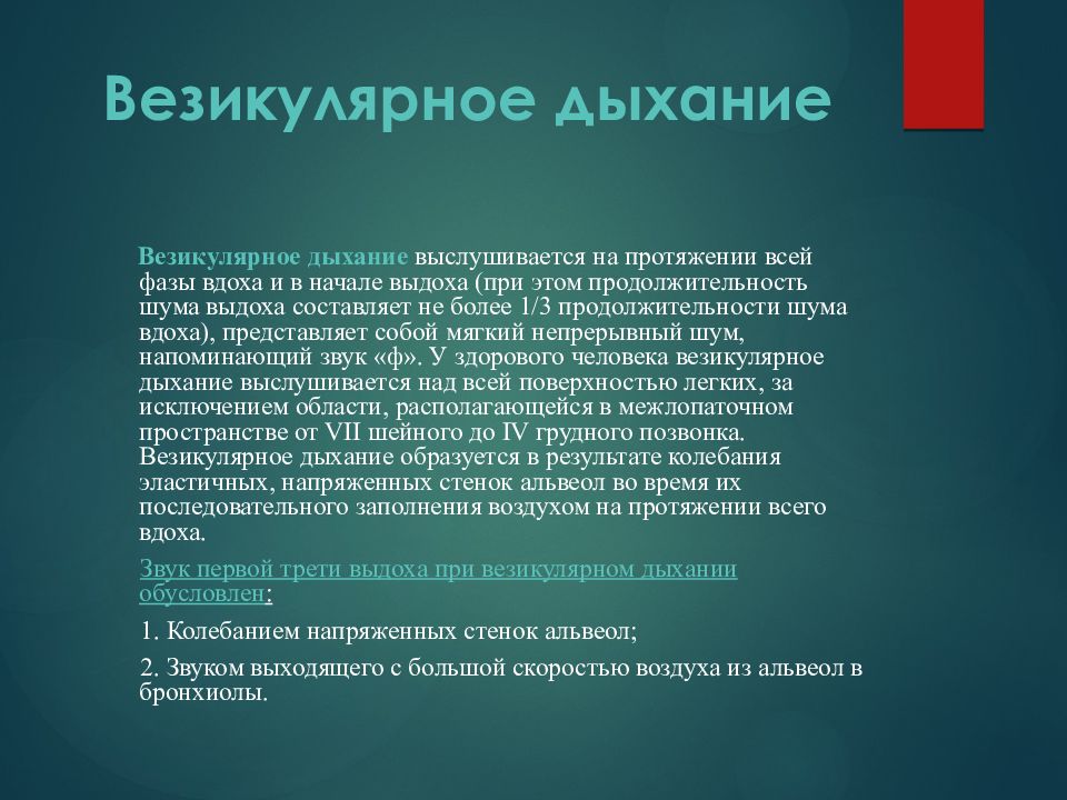 Бронхиальное дыхание выслушивается. Везикулярное дыхание. Ослабленное везикулярное дыхание выслушивается при. Над всей поверхностью легких выслушивается жесткое дыхание. В норме над легкими выслушивается везикулярное дыхание.