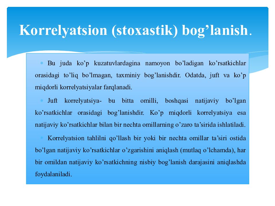 MOLIYAVIY TAHLIL FANI 1-MAVZU : MOLIYAVIY TAHLIL FANINIG NAZARIY ASOSLARI Korrelyatsion (stoxastik) bog’lanish.