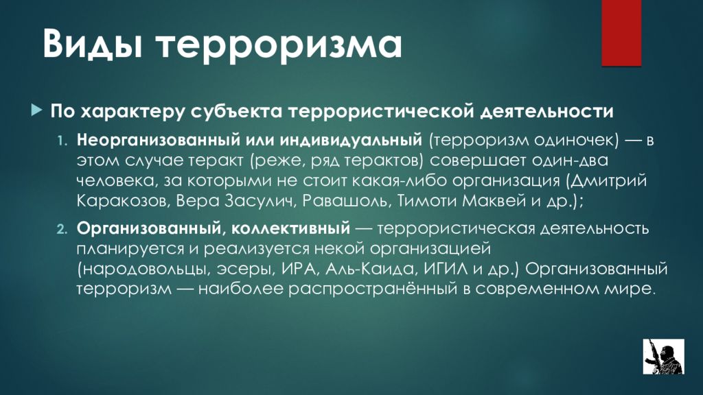 Индивидуальный терроризм. Виды деятельности терроризма. Виды террора. Терроризм по характеру субъекта. Тактика индивидуального террора.