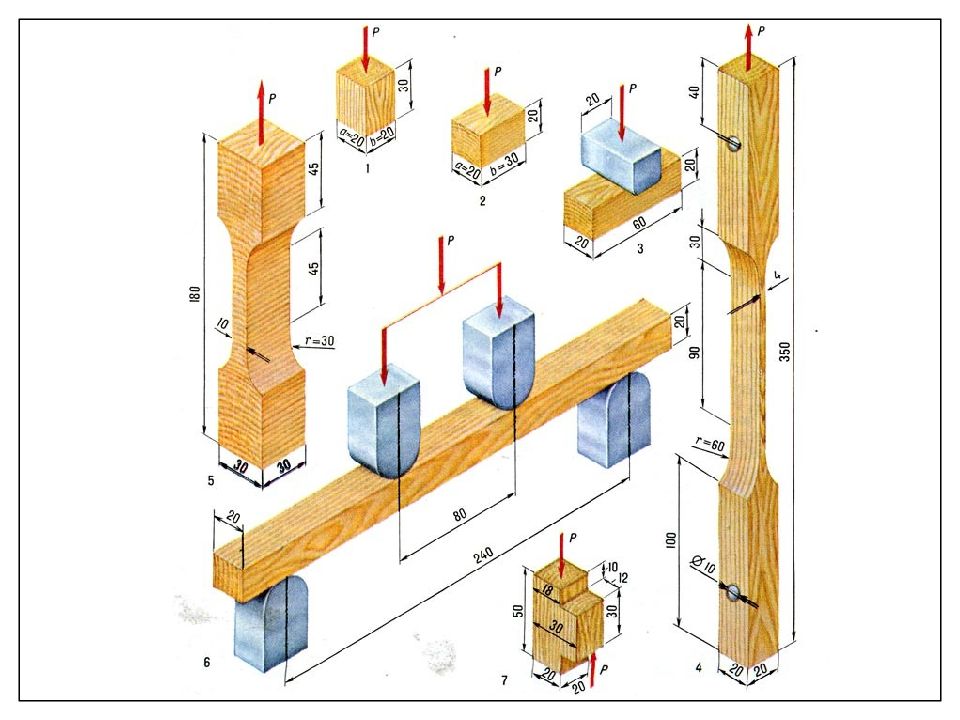Растяжение древесины. Испытание древесины на растяжение вдоль волокон. Прочность древесины на смятие. Прочность древесины на сжатие поперек волокон. Разрыв древесины вдоль волокон.