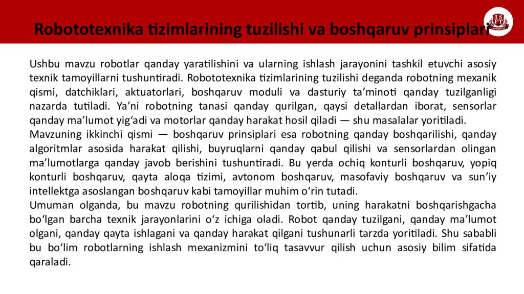Robototexnika tizimlarining tuzilishi va boshqaruv prinsiplari