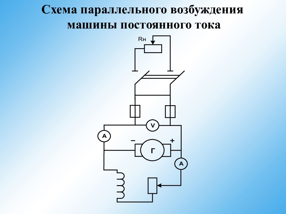 Параллельное возбуждение. Схема МПТ С параллельным возбуждением. Схема генератора параллельного возбуждения. Принципиальная схема генератора параллельного возбуждения. Схема генератора постоянного тока с параллельным возбуждением.