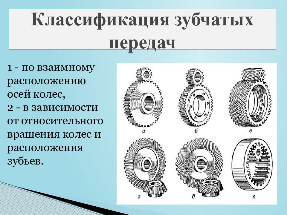 Какие передачи можно. Классификация зубчатых передач по расположению осей. Зубчатые колеса и передачи классифицируют по следующим признакам. Классификация зубьев зубчатых колёс.