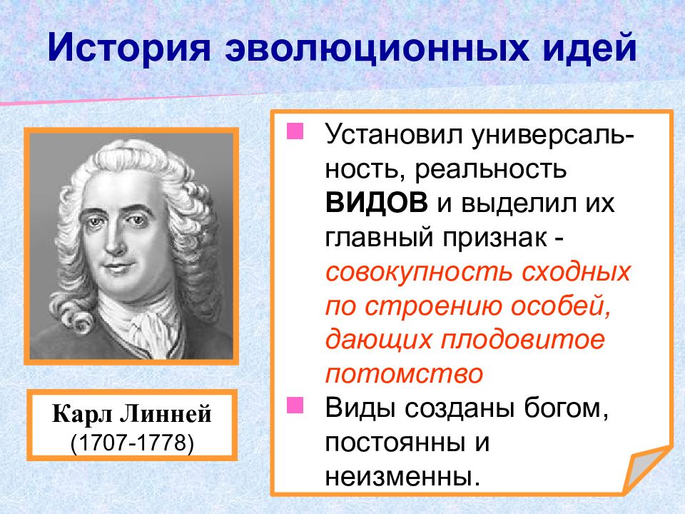 История развития эволюционных идей таблица. Карл Линней эволюционные идеи. История эволюционных идей. Линней эволюционное учение. Развитие биологии в додарвиновский период.