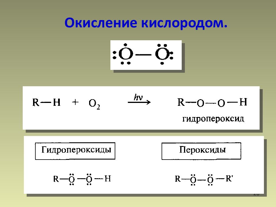 Кислородное окисление. Окисление кислорода. Реакционная способность кислорода. Реакционная способность органических соединений. Факторы влияющие на реакционную способность органических соединений.