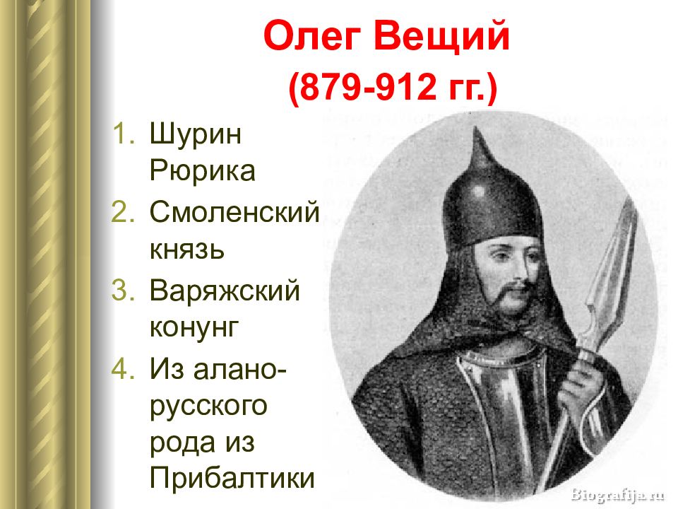 Кто такой вещий. Олег Вещий (879–912 гг.). Олег Вещий (879—912г.г.). Вещий Олег (879 — 912). Олег (Вещий) (879 (882) – 912 гг.).