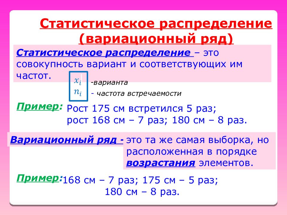 Статистическое распределение выборки. Статистическое распределение. Вариационный и статистический ряд. Вариационный и статистический ряд выборки.