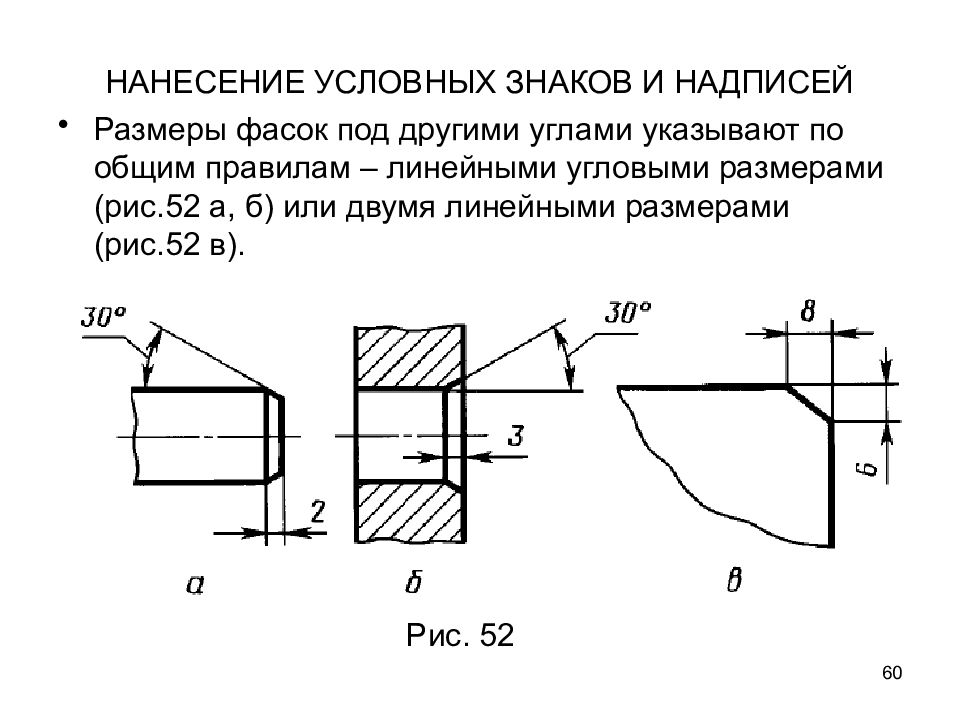 Нанести обозначение. Нанесение фаски на чертеже. Нанесение размеров фасок на чертежах. Знаки размеров в чертежах. Условное обозначение фаски на чертеже.