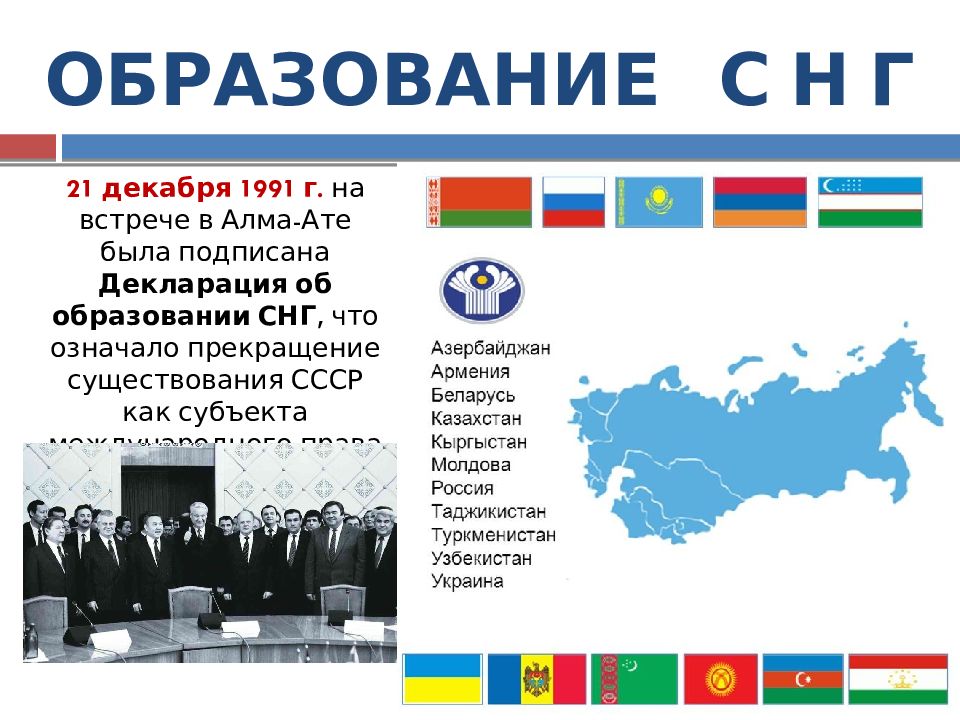 Какие страны входят в снг. Образование Содружества независимых государств СНГ. Образование независимых государств после распада СССР. Образование Содружества независимых государств (СНГ) (декабрь 1991 г.).. Образование СНГ презентация.