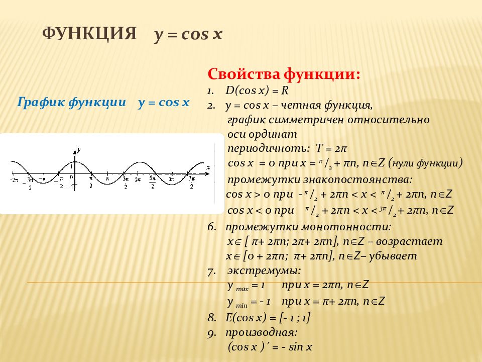 Тригонометрическая функция 11. Свойства тригонометрических функций y sin x y cos x. Y cosx исследование функции. Свойства тригонометрических функций y cosx. Основные свойства функции y=cosx.