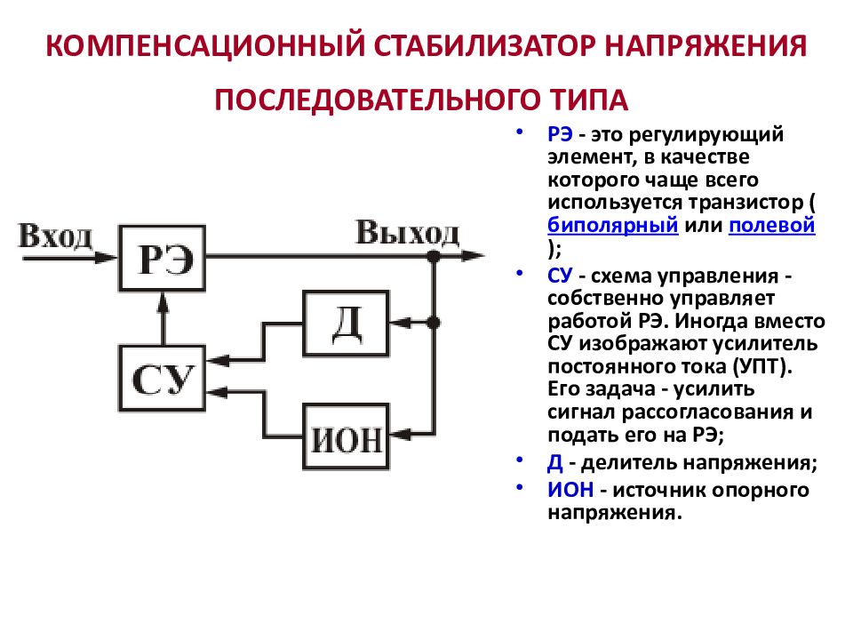 Блок схема компенсационного стабилизатора обязательно включает в себя