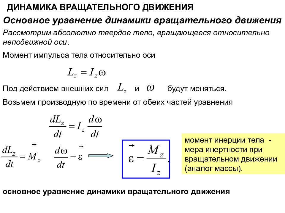 Момент скорости формула. Основное уравнение динамики вращения твердого тела. Уравнение динамики вращающегося тела. Динамика вращательного движения момент инерции. Уравнение динамики вращательного движения относительно оси вращения.