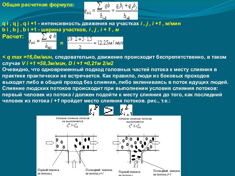 Общий выход. Расчетная интенсивность движения формула. Слияние людских потоков при эвакуации. Движением людских потоков. Теории движения людских потоков.