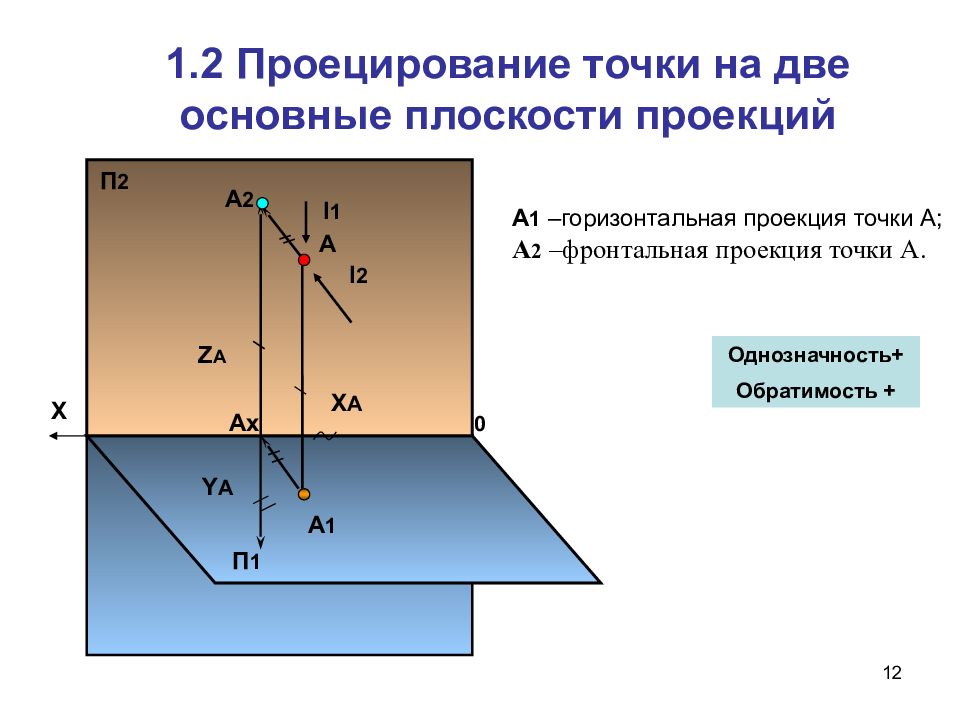 Основная проекция. Проекция точки на плоскость п2. Фронтальная проекция точки а1 а2. Горизонтальная проекция точки а - а1. Проекцию точки на горизонтальную плоскость называют….