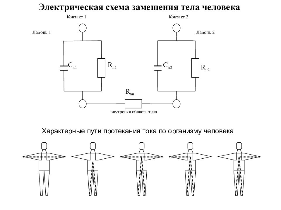 Электрическое сопротивление человека. Эквивалентная схема сопротивления тела человека. Электрическая схема сопротивления человека. Электрическая схема замещения. Схема замещения тела человека протекания электрического тока по пути.