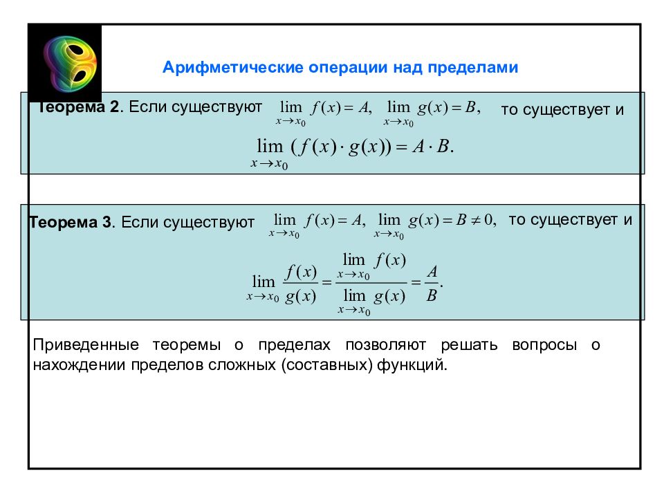 Действия с функциями. Операции над пределами функции. Теорема об арифметических операциях над пределами. Теорема об арифметических операциях над пределами функций. Алгебраические операции над пределами.