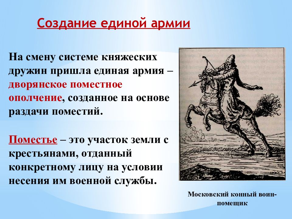 Приходить единый. Московский конный воин помещик. Создание единого войска. Поместное ополчение. На смену княжеским дружинам пришла Единая армия.