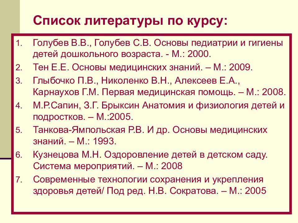 Список литературы 4. Список литературы педиатрия. Медико-биологические и социальные основы здоровья детей дошкольного. Медико-биологические основы здоровья. Основы педиатрии и гигиены.