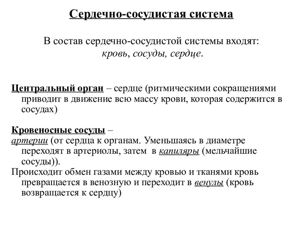 Сердечно-сосудистая система В состав сердечно-сосудистой системы входят: кровь, сосуды, сердце.