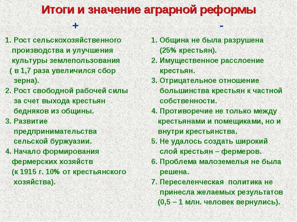 Расскажите о результатах аграрной реформы. Итоги столыпинской аграрной реформы. Итоги аграрной реформы Столыпина. Отрицательные итоги столыпинской реформы. Положительные и отрицательные итоги столыпинской реформы.